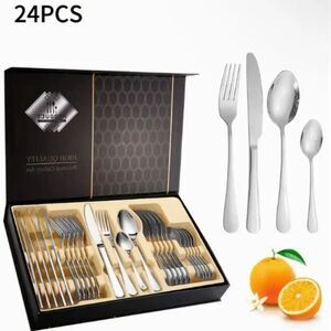 Silverware Sets 24-Piece Polished Stainless Steel Cutlery Set, Elegant Silver Fl